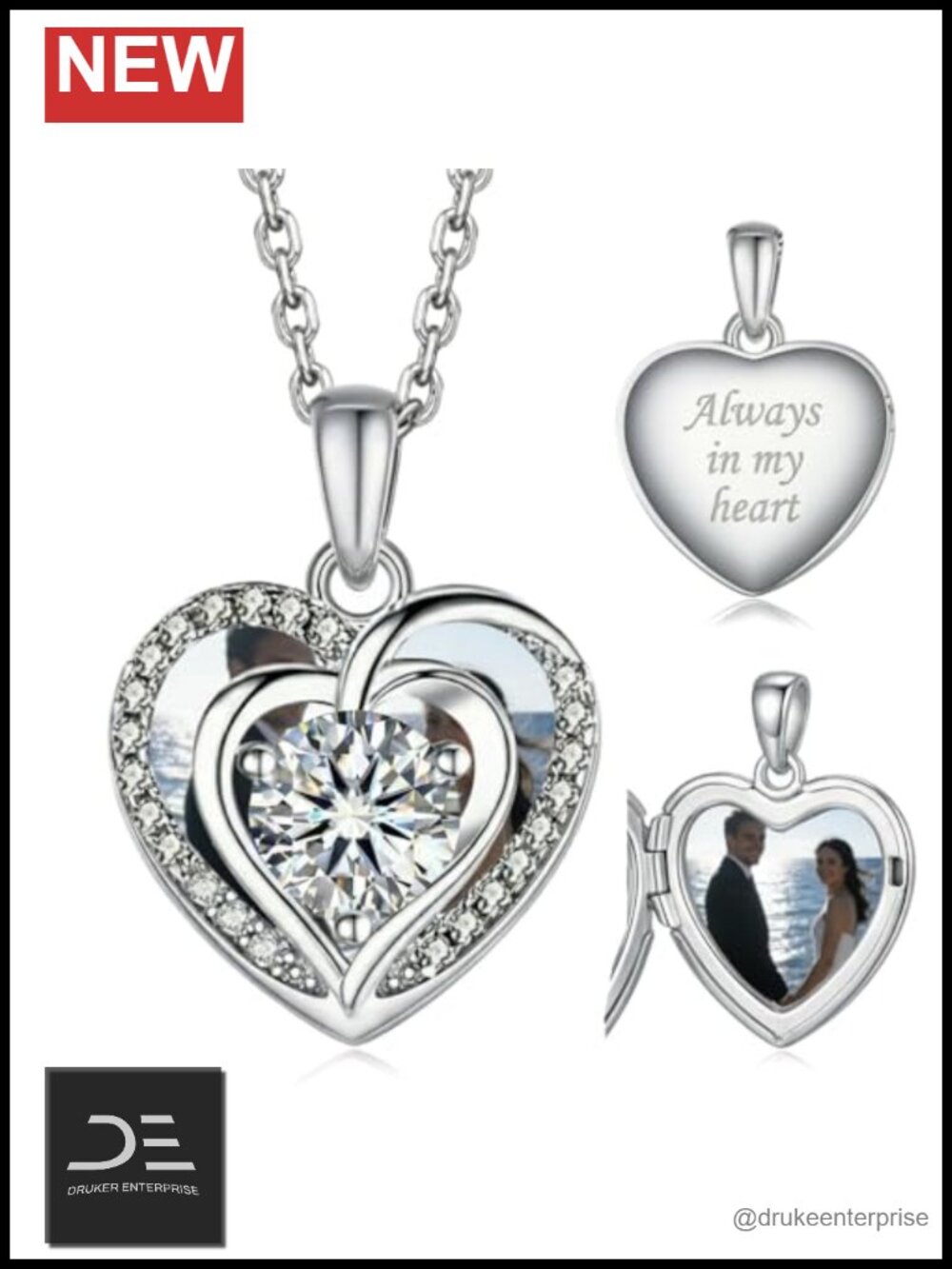 Locket Heart Necklace with Photo Picture Memorial Pendant Diamante Birthstone